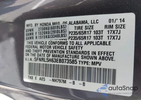 2014 Honda Odyssey Ex-L from USA, damaged, VIN 5FNRL5H63EB073585